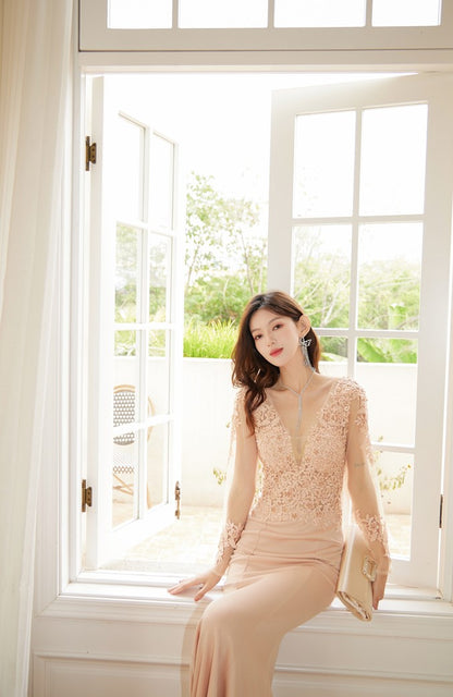 DOLLY Elegant Deep V-Neck Long Sleeve High Waist Long Embroidery Dress-KATYA