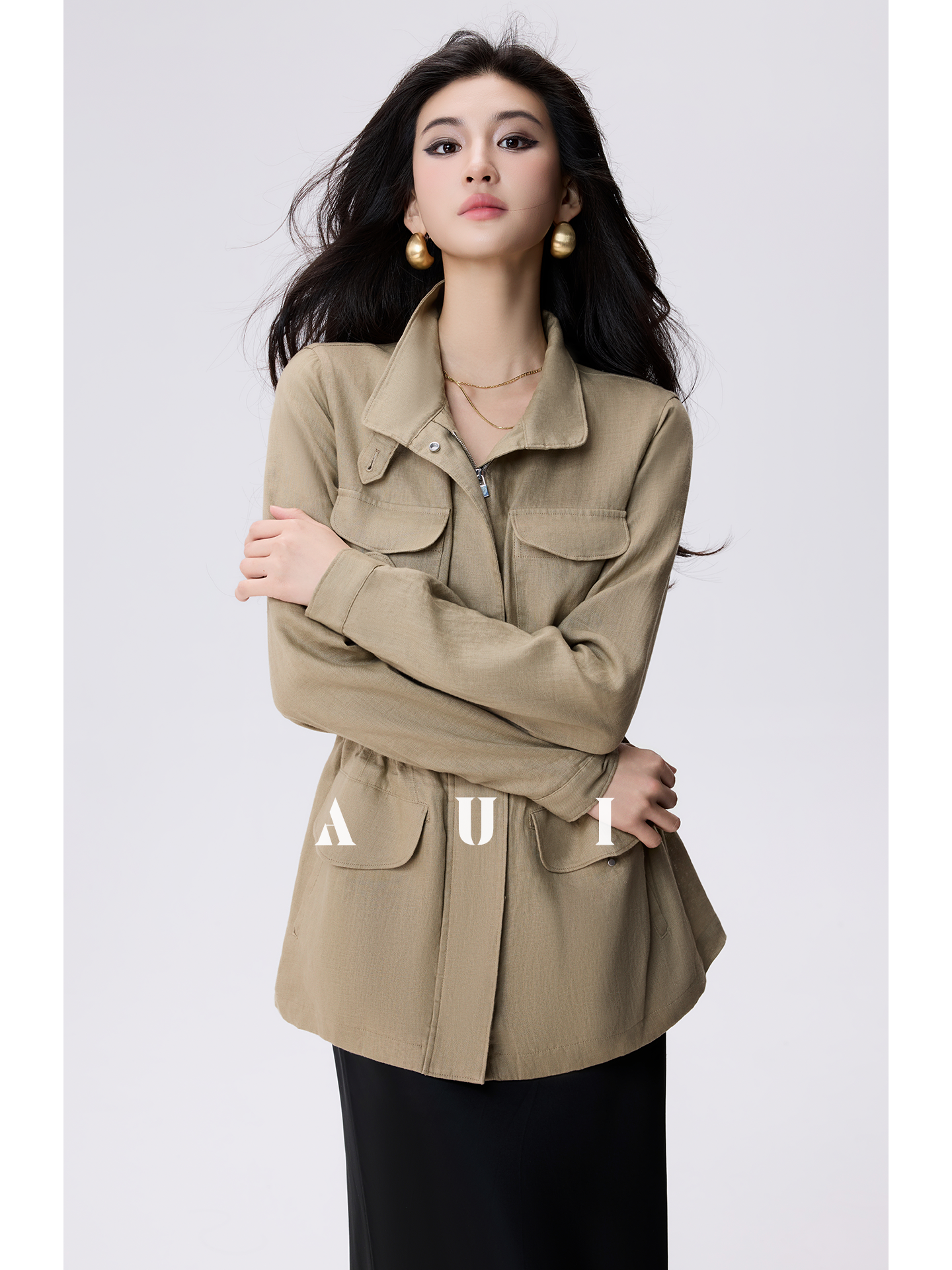 AUI Khaki Vintage Cropped Trench Coat Jacket - Min-jun.