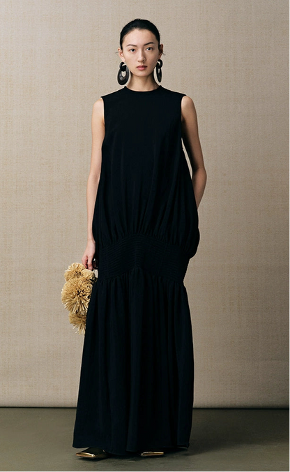 ZHUCHONGYUN new black satin elegant pleated dress--KENZO.