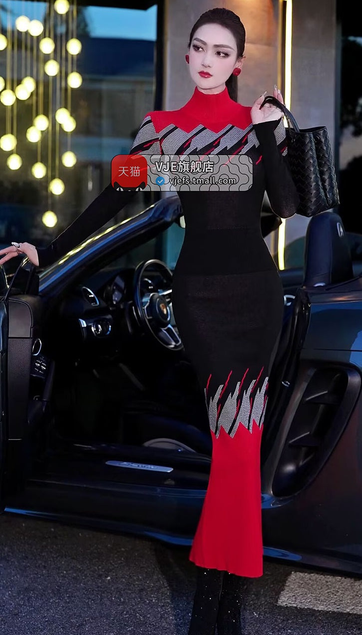 VJE  jacquard knitted suit skirt turtleneck top hip skirt two-piece set-DOE.