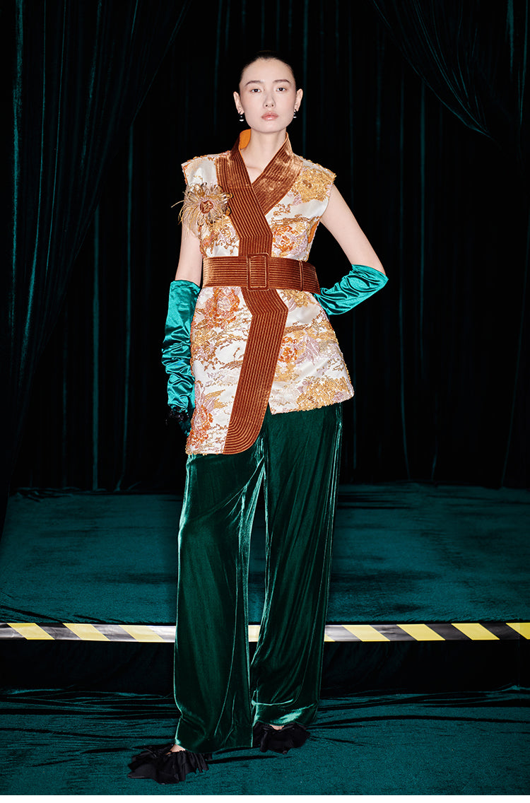 M essential Mackay designer quilted wide belt placket vest pant set- indira