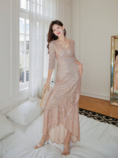 DOLLY Elegant Deep V-Neck Long Sleeve Sequin Fish Tail Long Banquet Dress-MAIA