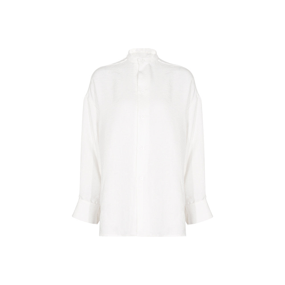 TUYUE white small stand-up collar lazy silhouette long-sleeved shirt- DENVER.