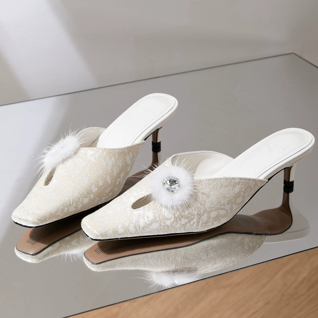 B-FEI embellished white slip-on low heel mule shoes-NIKO.