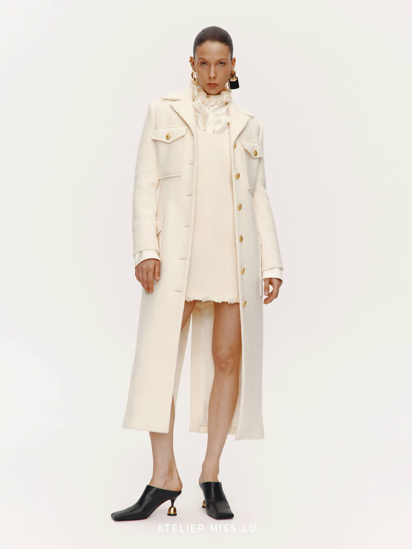 AtelierMissLu Vintage Pocket Design Sheep Wool Long Coat - ADEG.