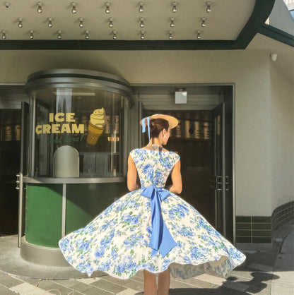 Le Palais Vintage elegant silk floral dress with a huge hem-KOTORI.