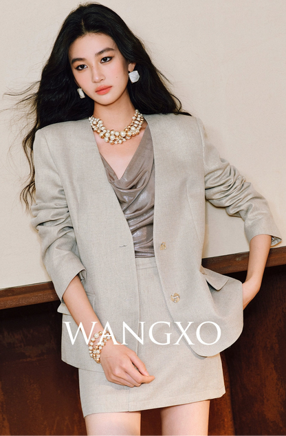 WANGXO Linen Luster Set Light-Luxury Collarless Suit & Micro A-Skirt Old Money Style- LYRAH