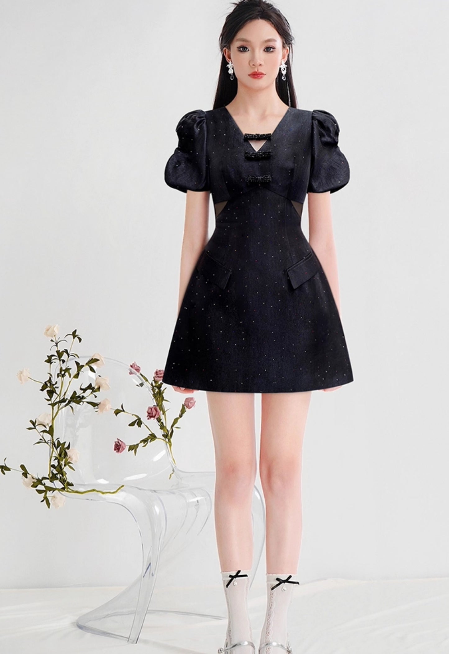 CHECOCRE Stubble design V-neck fashion high-waisted puff sleeve hot diamond craft dress -BOW.
