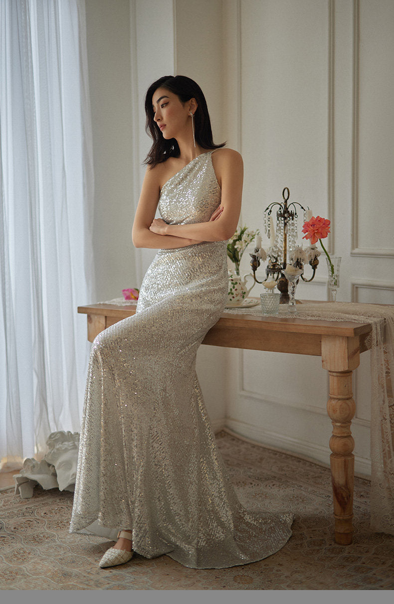 GOUDIN silver sequin party evening dresses-INES.