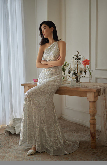 GOUDIN silver sequin party evening dresses-INES.