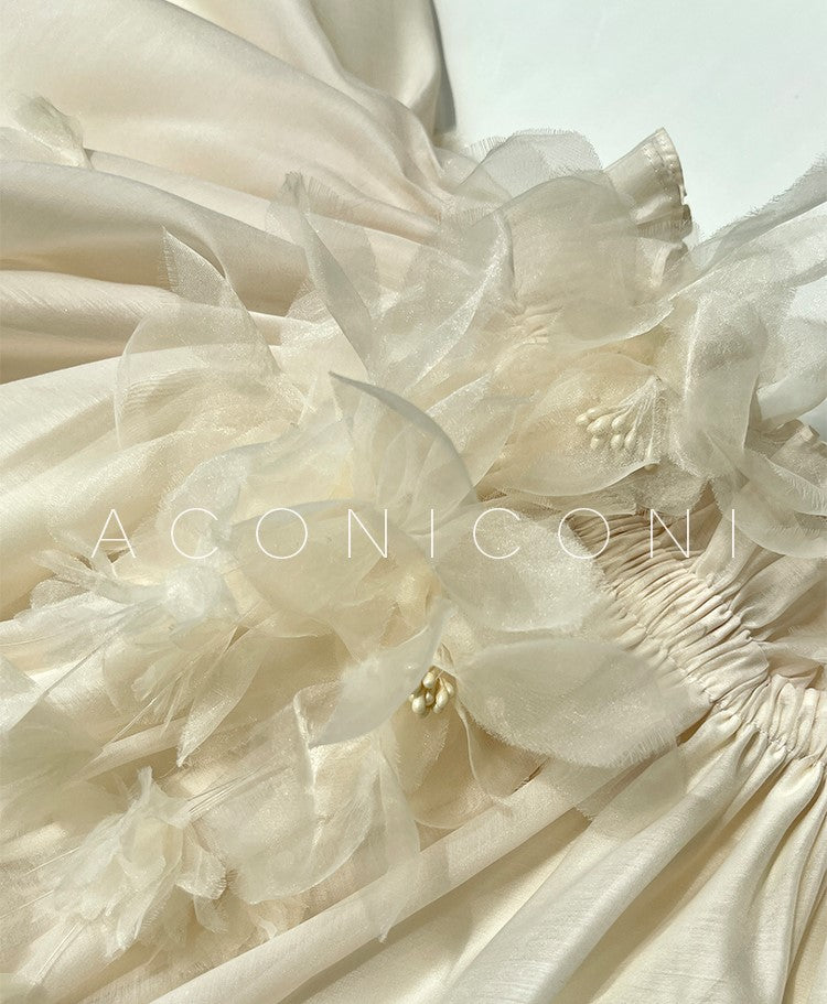 Aconiconi Luxury Off-Shoulder Flower Short Sleeve bridal baby doll Dress - Magnolia Lotus Fragrance