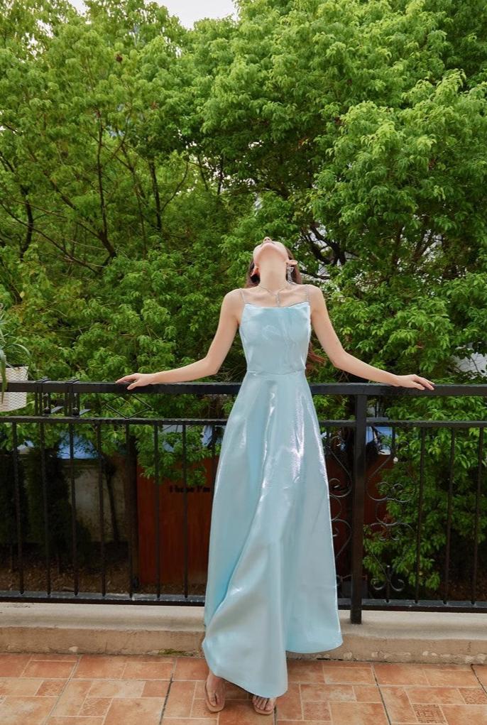 DOLLY High End Blue Off Shoulder Sleeveless Long Suspender Banquet Dress-AGATHA