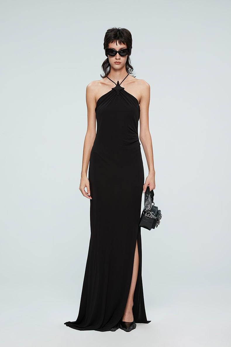 ANNAKIKI suspender fishtail slit dress halterneck dress-REI