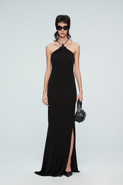 ANNAKIKI suspender fishtail slit dress halterneck dress-REI