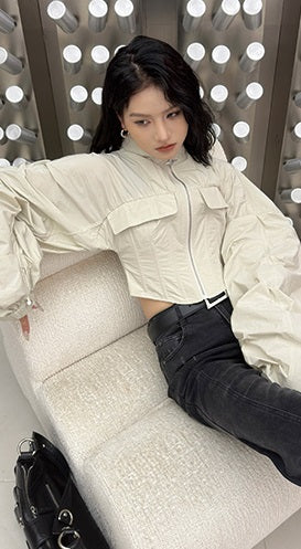 ANNAKIKI Futuristic herringbone shirred slim cropped jacket-KEANE