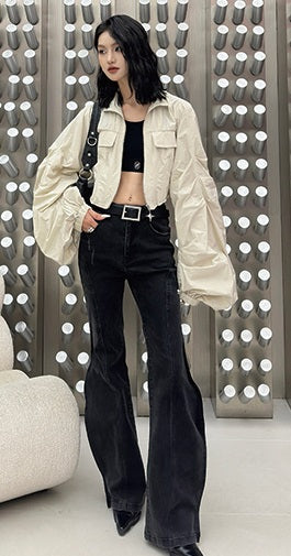 ANNAKIKI Futuristic herringbone shirred slim cropped jacket-KEANE