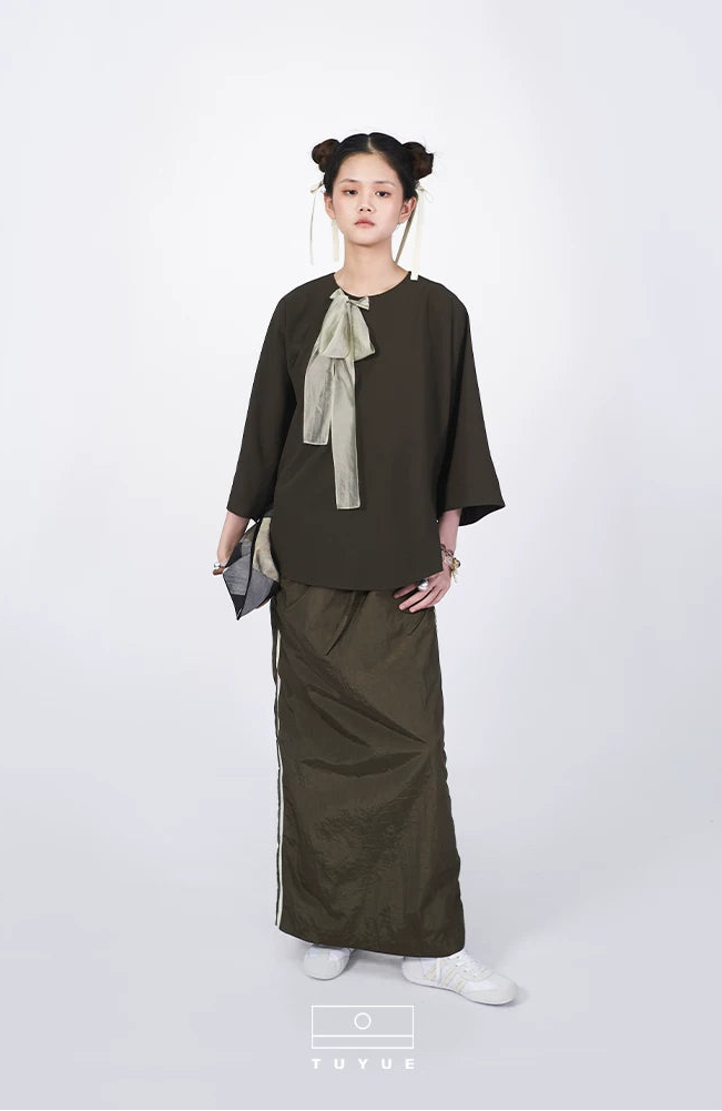TUYUE Chinese Diagonal Buckle Ribbon Morning Robe Cropped Sleeve Top- KATARA