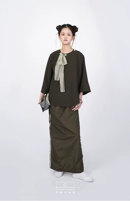 TUYUE Chinese Diagonal Buckle Ribbon Morning Robe Cropped Sleeve Top- KATARA