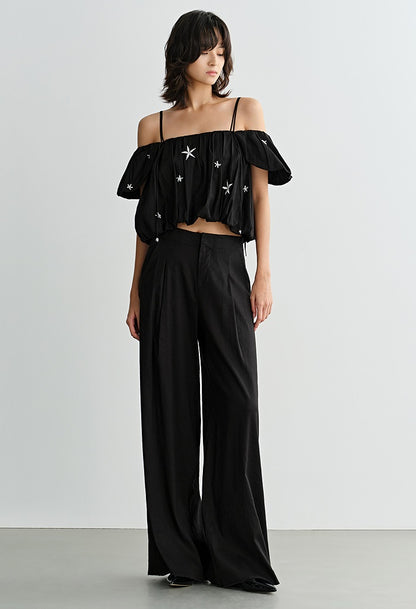 COMME MOI  Summer Waist Pressed Pleated Wide-leg Black Pants - SINS.