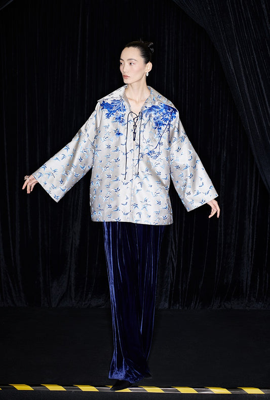 M essential Mackay designer butterfly jacquard blue vine butterfly embroidered top - WIND.