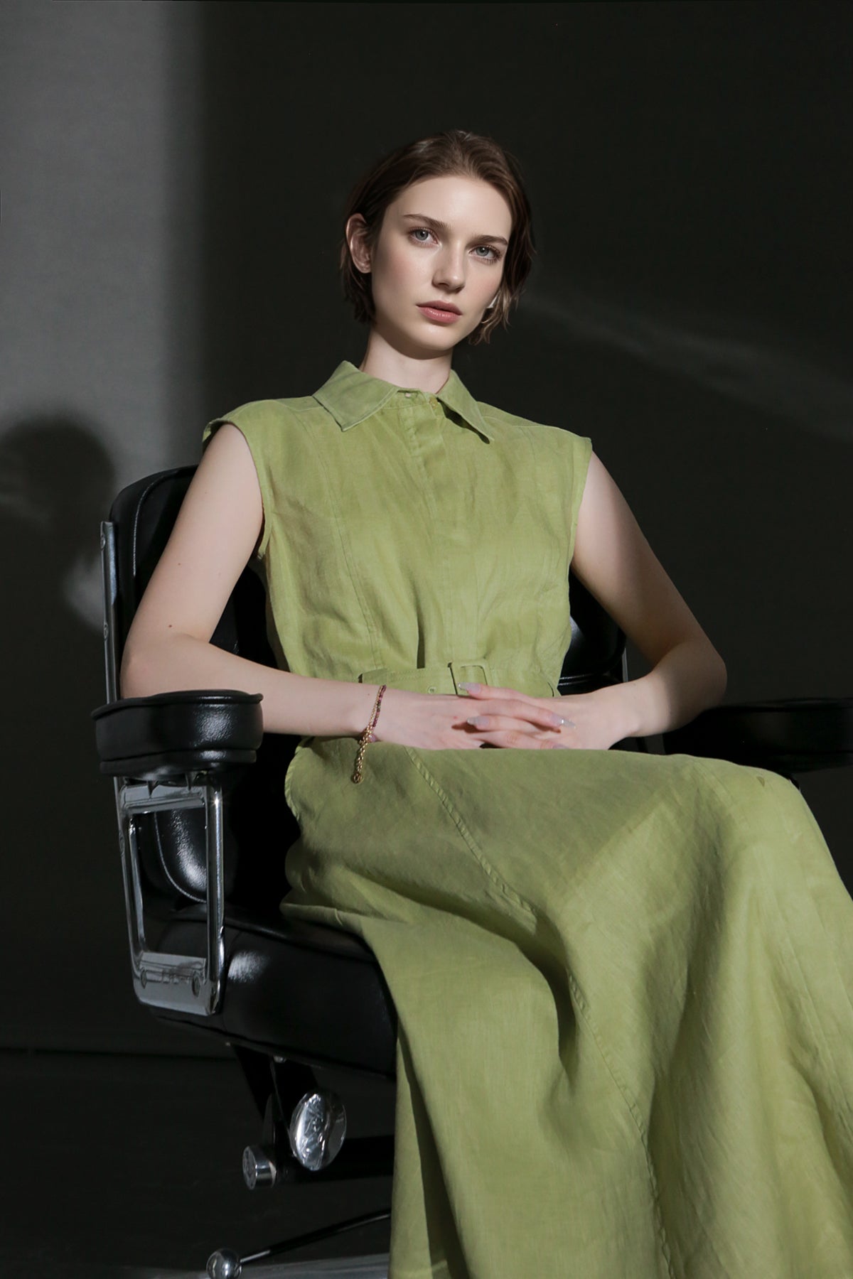 PIAOIN minimalist 100% linen sleeveless belted midi green pastel blue shirt dress -EVELYN.