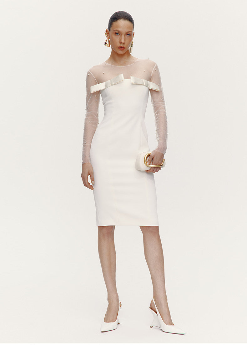 ATELIER MISS LU Fall/Winter Pearl Stitched Bow Waist Dress - HAILEY