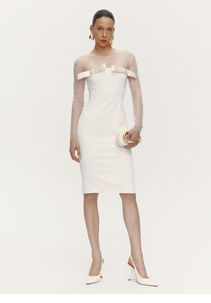 ATELIER MISS LU Fall/Winter Pearl Stitched Bow Waist Dress - HAILEY