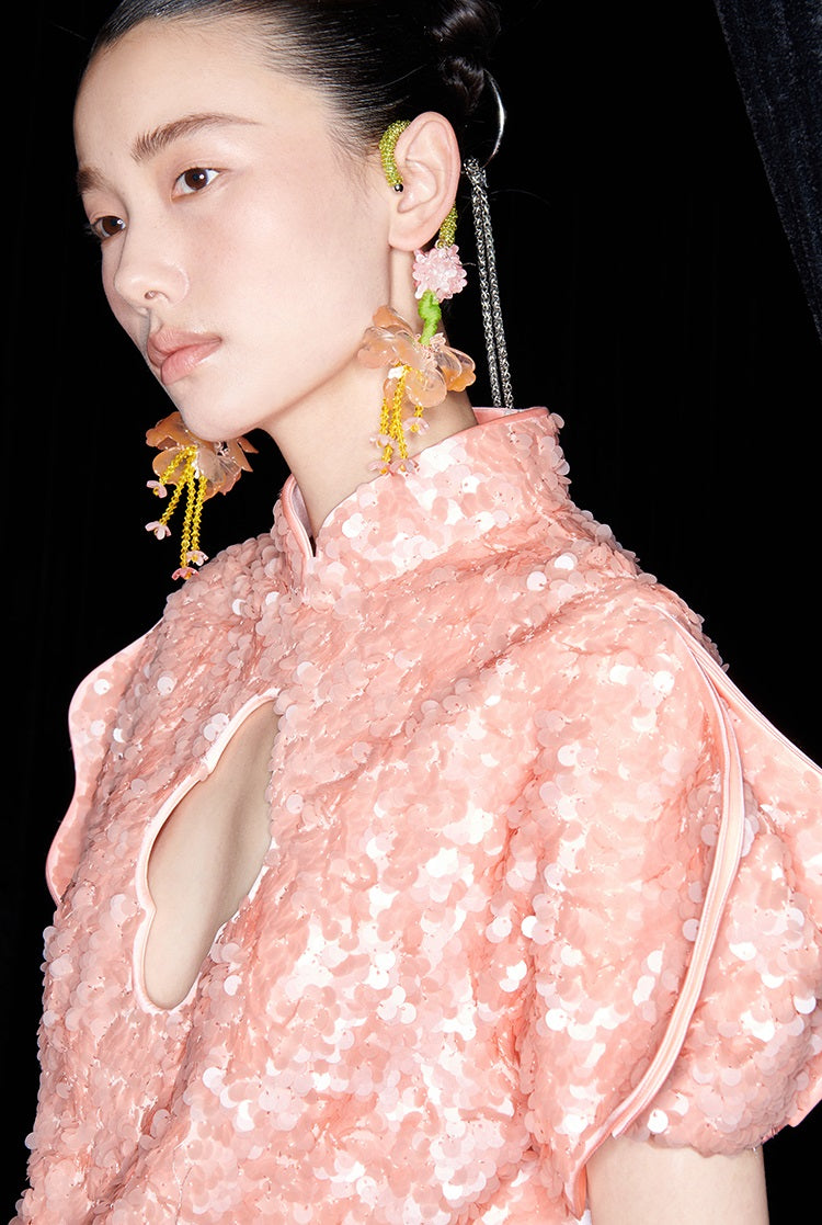 M essential Mackay designer label orange embroidered stand-up collar frame structure slim top - DEMI.