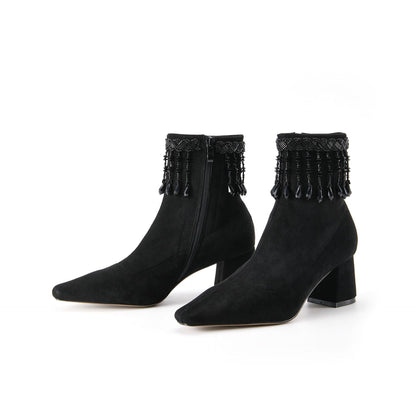 B-FEI black tassel rhinestone chain booties  block heel ankle boot - Xuu