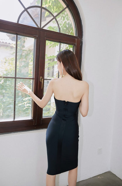 DOLLY Elegant Black and White Sleeveless Bandeau One Shoulder Long Dress-DEVIKA