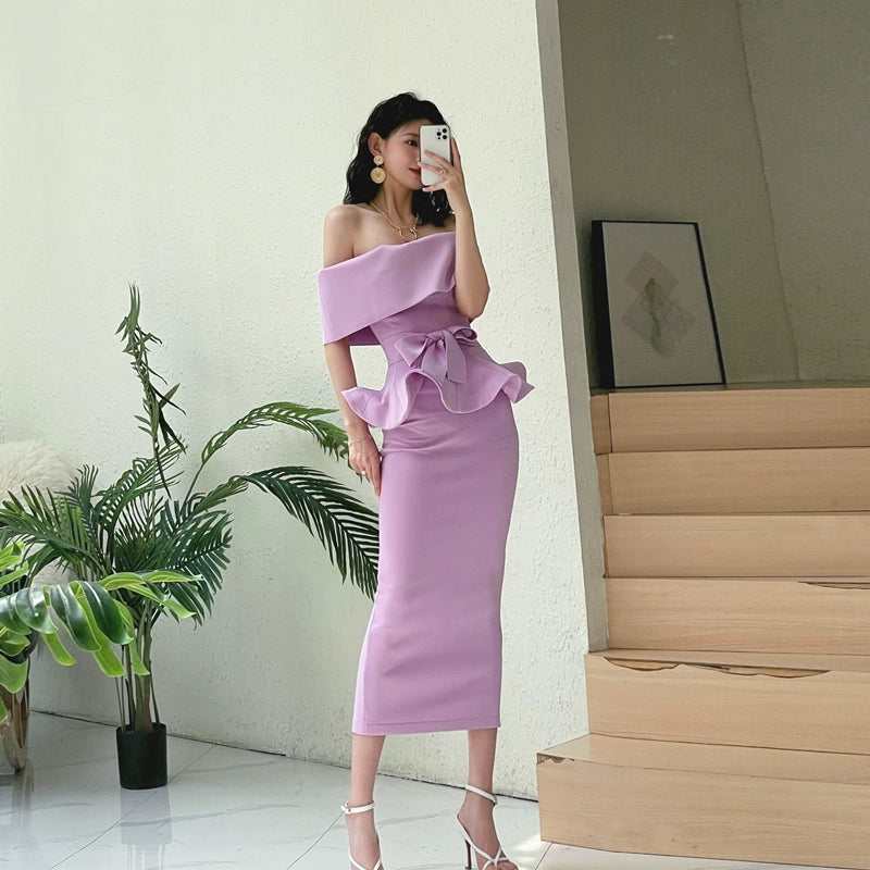 DOLLY High End Off Shoulder Peplum Tube Top Slim Fit Wedding Guest Dress-HANS