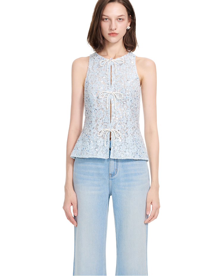 YES BY YESIR | Ye Qians Bright Blue Halterneck Lace Shirt Top -AZALEIA.