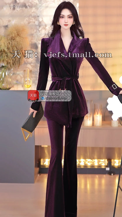VJE Style Velvet Top Flared Pants Two-Piece Set Suit-MOON.