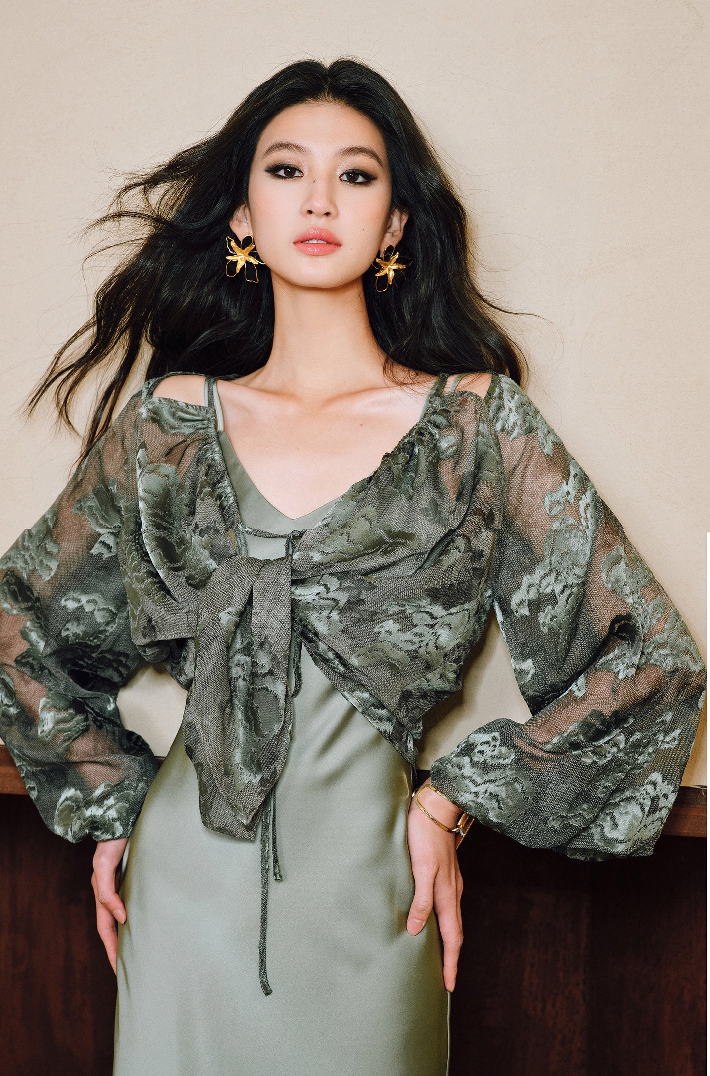 WANGXO Devoré Lace Light and Shadow Heavy Industry Bias French Cardigan & Satin Sundress Set - ESMEE