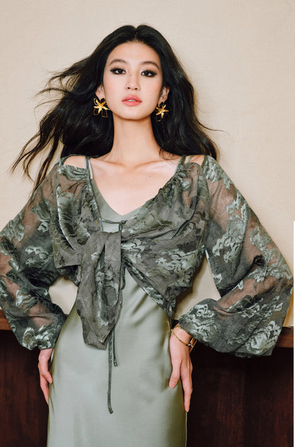 WANGXO Devoré Lace Light and Shadow Heavy Industry Bias French Cardigan & Satin Sundress Set - ESMEE