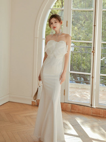 DOLLY Elegant White French Style Big Bow Long Fish Tail Cocktail Dress-FREYA