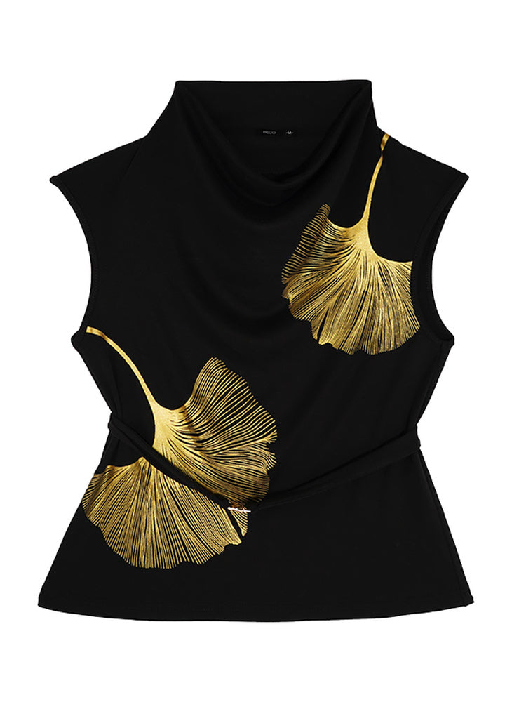 HECO Chinese Style Elegant Swing Neck Sleeveless Ginkgo Biloba Print T-Shirt - BOBA.