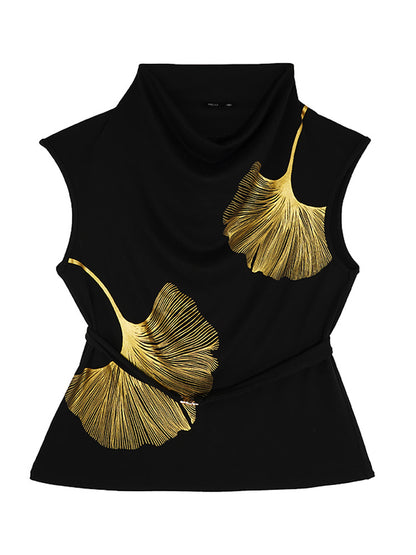 HECO Chinese Style Elegant Swing Neck Sleeveless Ginkgo Biloba Print T-Shirt - BOBA.