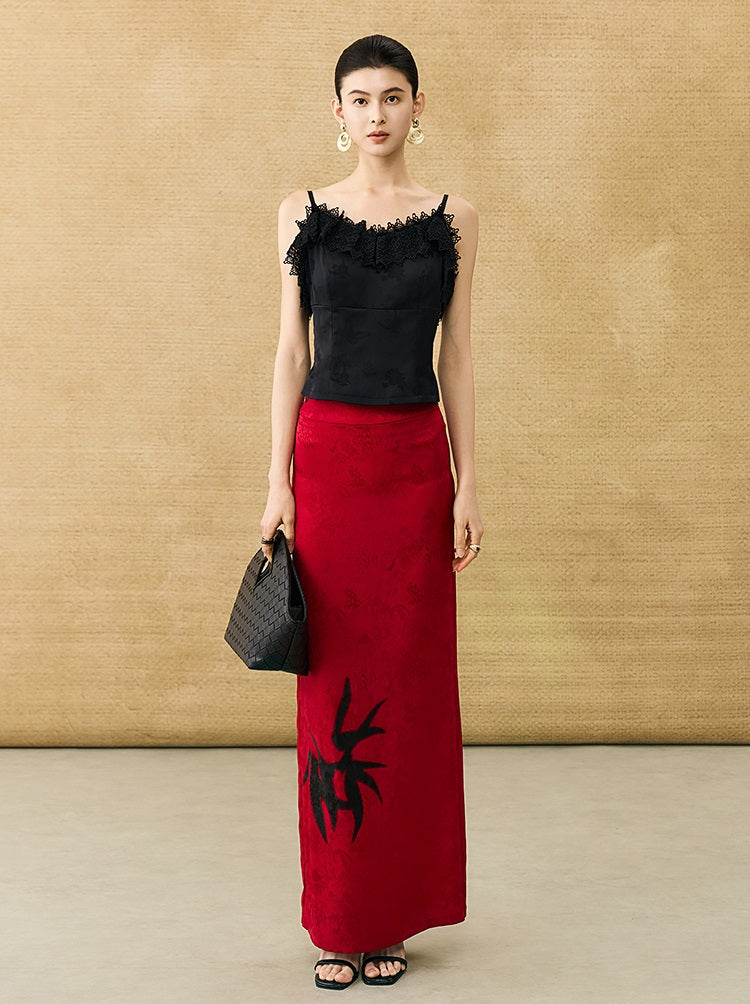 HECO Chinese high-end acetate bamboo feminine temperament printed slit skirt - COLT.