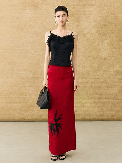 HECO Chinese high-end acetate bamboo feminine temperament printed slit skirt - COLT.