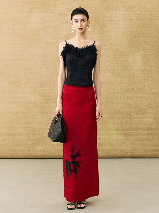 HECO Chinese high-end acetate bamboo feminine temperament printed slit skirt - COLT.