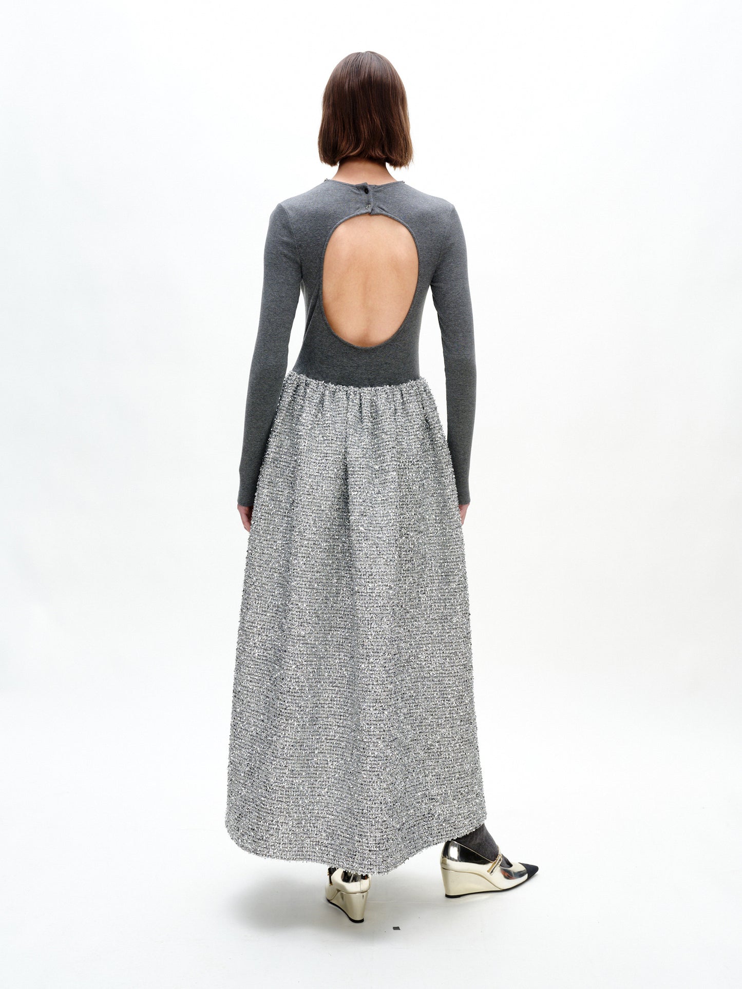 SERRER Grey knitted paneled diamond-encrusted backless dress - ETHAN.