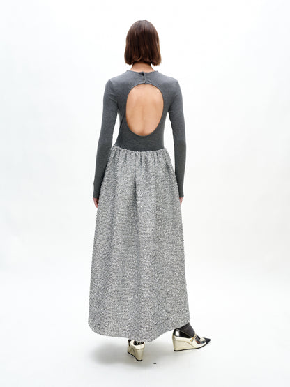 SERRER Grey knitted paneled diamond-encrusted backless dress - ETHAN.