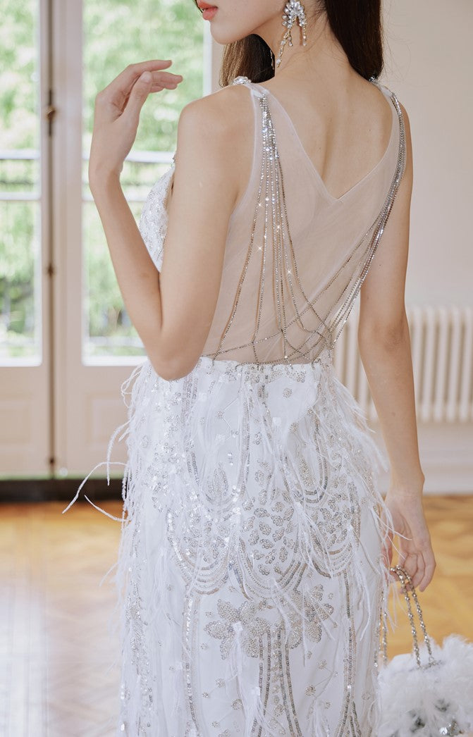 DOLLY Luxury White French Style Sleeveless Sequin Embroidered Long Slit Party Dress-Dalia