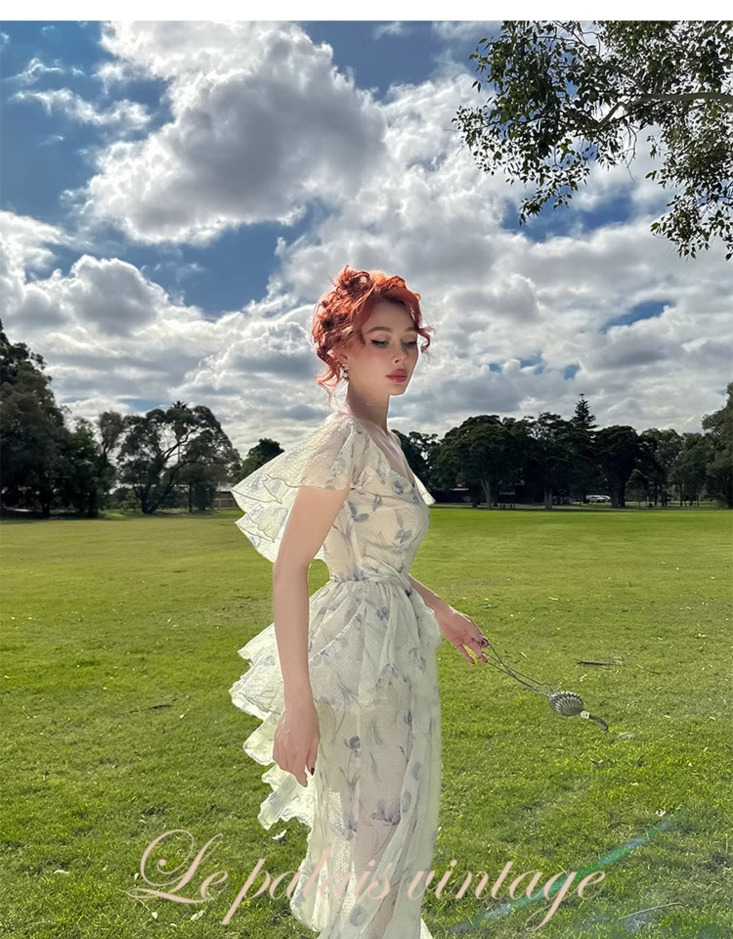 Le Palais Vintage retro Fairy Ruffles Flowing Ink Big Flower Fishtail Long Dress -Bni