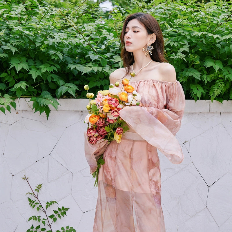 DOLLY Luxury Retro French Style Long Sleeve Top+ Retro Print Midi Slit Skirt-BIANCA