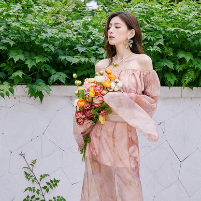 DOLLY Luxury Retro French Style Long Sleeve Top+ Retro Print Midi Slit Skirt-BIANCA