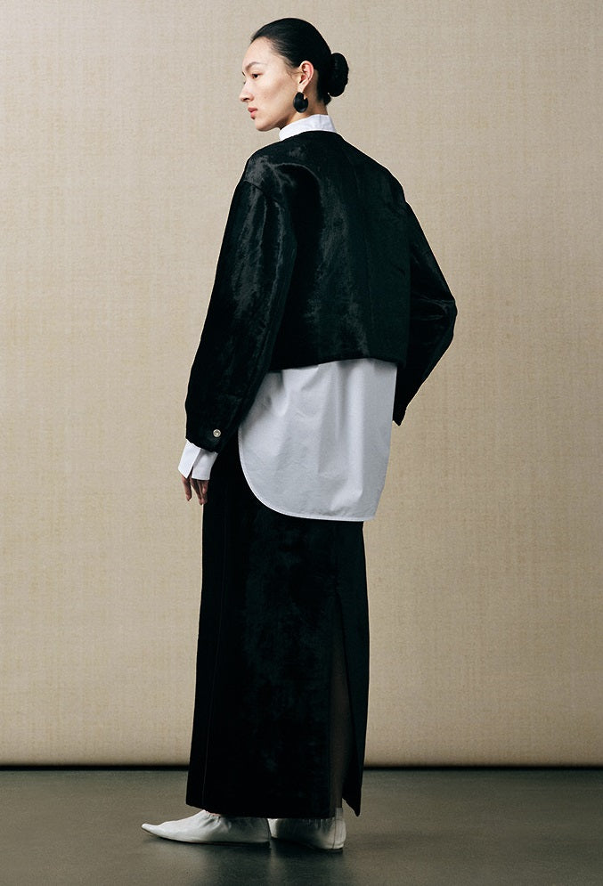 ZHUCHONGYUN cocoon-shaped organ mercerized satin back slit straight skirt-KENDRI.