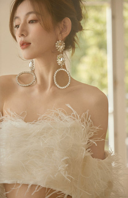 DOLLY Elegant White Off Shoulder Long Sleeve Feather Tube Top Dinner Dress-SU