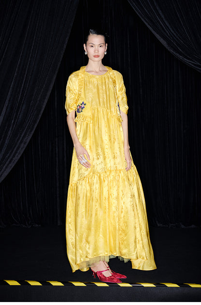 M essential Mackay designer Pine yellow jacquard short-sleeved tower fll dress- Abyn.